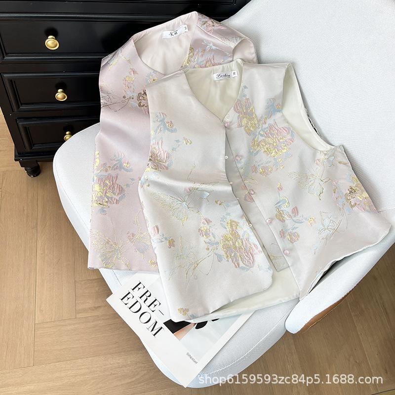 

French Vintage Button Small Crew Neck Jacquard Brocade Weaving Gold Embroidered Vest Top M [Recommended below 50kg] абрикосовий