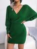 V Neck Cross  Sweater Dress Solid Color Elegant Long Sleeve Bodycon Loose Dresses Causal Bat Dress