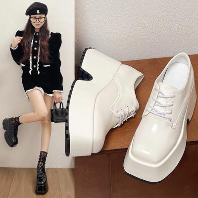 Platform Leather Shoes Women High Heels Harajuku Casual Oxford Loafers Thick Bottom Mary Jane Ladies Lolita Lace-up Shoes Women