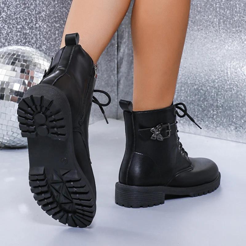 Punk Butterfly Buckle Ankle Boots Women Black Pu Leather Lace Up Motorcycle Boots Woman Non Slip Platform Combat Botas Mujer 42