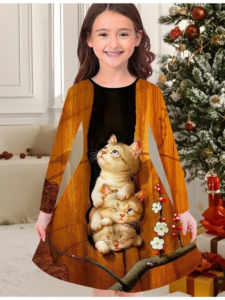 Mädchen Herbst- und Wintermode Kleid, 3D Niedlicher Katzen-Print Rundhals Lang Kinder T-Shirt Kleid, Lässig Vielseitig, Weihnachtskleidung