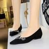 French Pointed Rhinestone Chain Decoration Single Shoe Suede Shallow Mouth Slope Heel Low Heel Women's Shoes