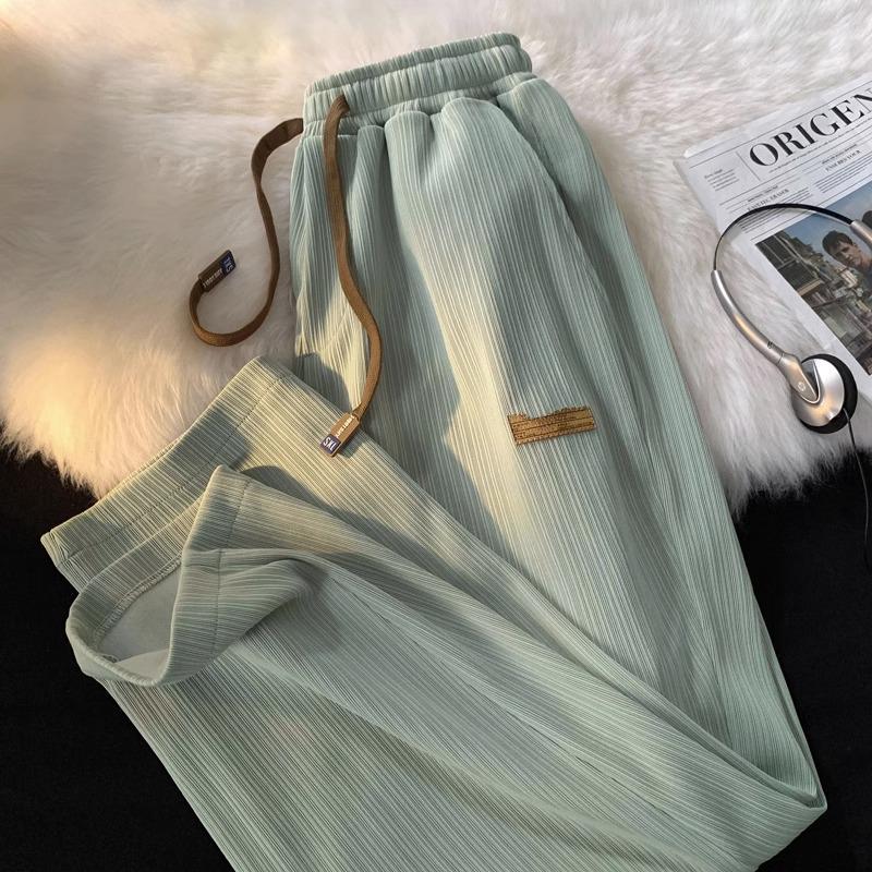 Summer Pleated Loose Plus Size Floor-Length Textured Trousers: Slimming, Straight-Leg, Lazy Style