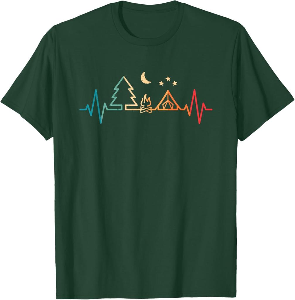Retro Camping Heartbeat Nature Camper Hiking Men Boys TShirt