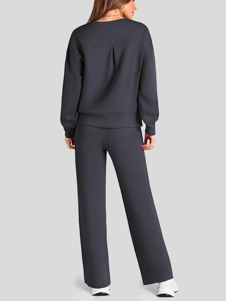 European & American Fashion Autumn Long Sleeve Set: Women's Casual Loose Solid Color Crew Neck Top & Pants