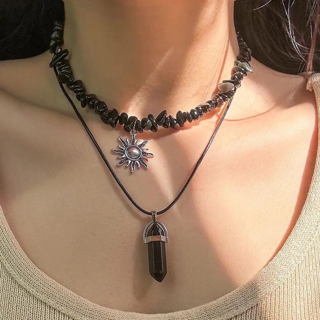 2 Piezas Gótico Boho Piedra Irregular Cadena Ajustable Collar para Mujeres Vintage Girasol Cristal Colgante Gargantilla Y2K Joyería Regalo Nuevo