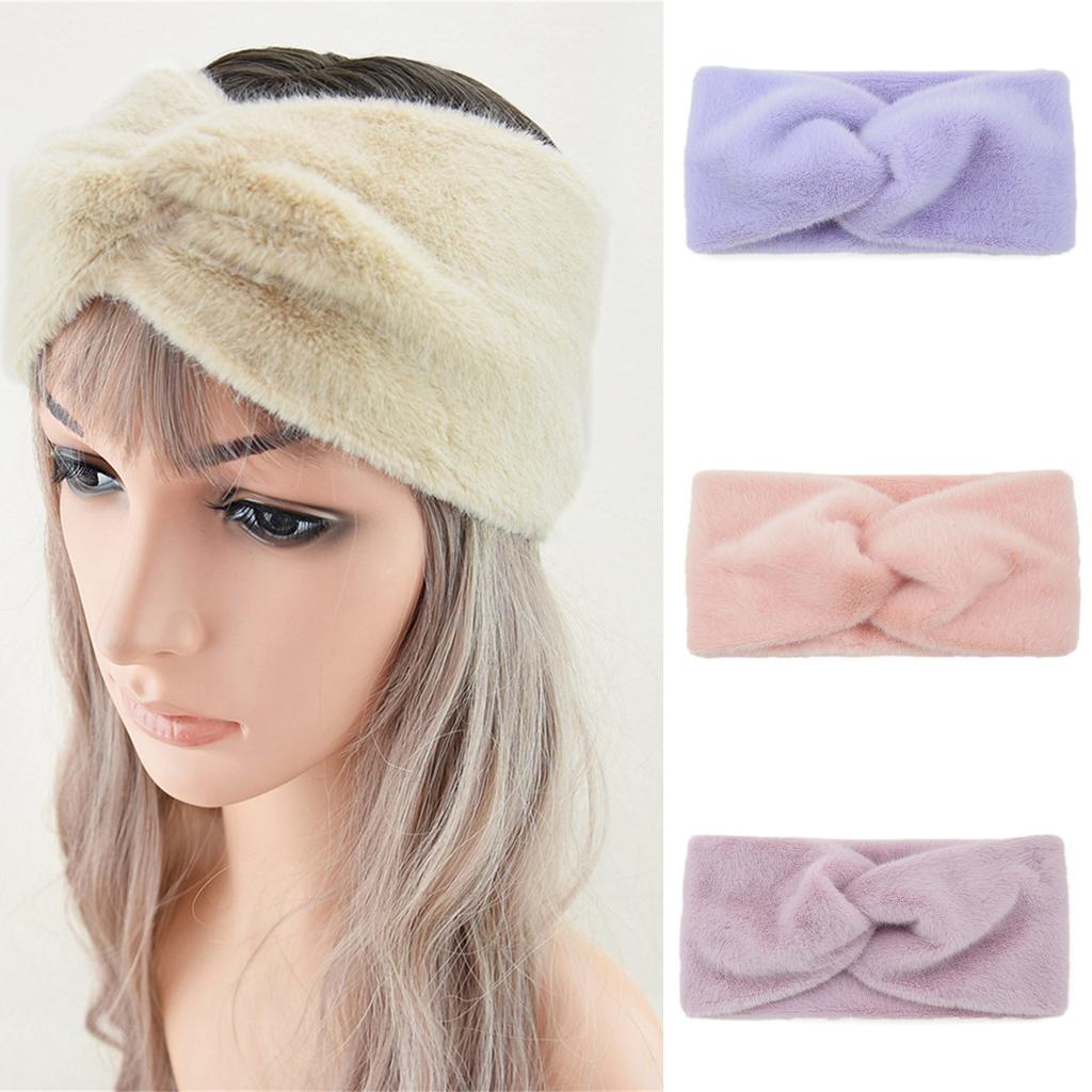Fitness Sport Headband for Female Wide Turban Knot Hairband Elastic Ear Warmer Headwrap Furry Plush Headband for Yoga