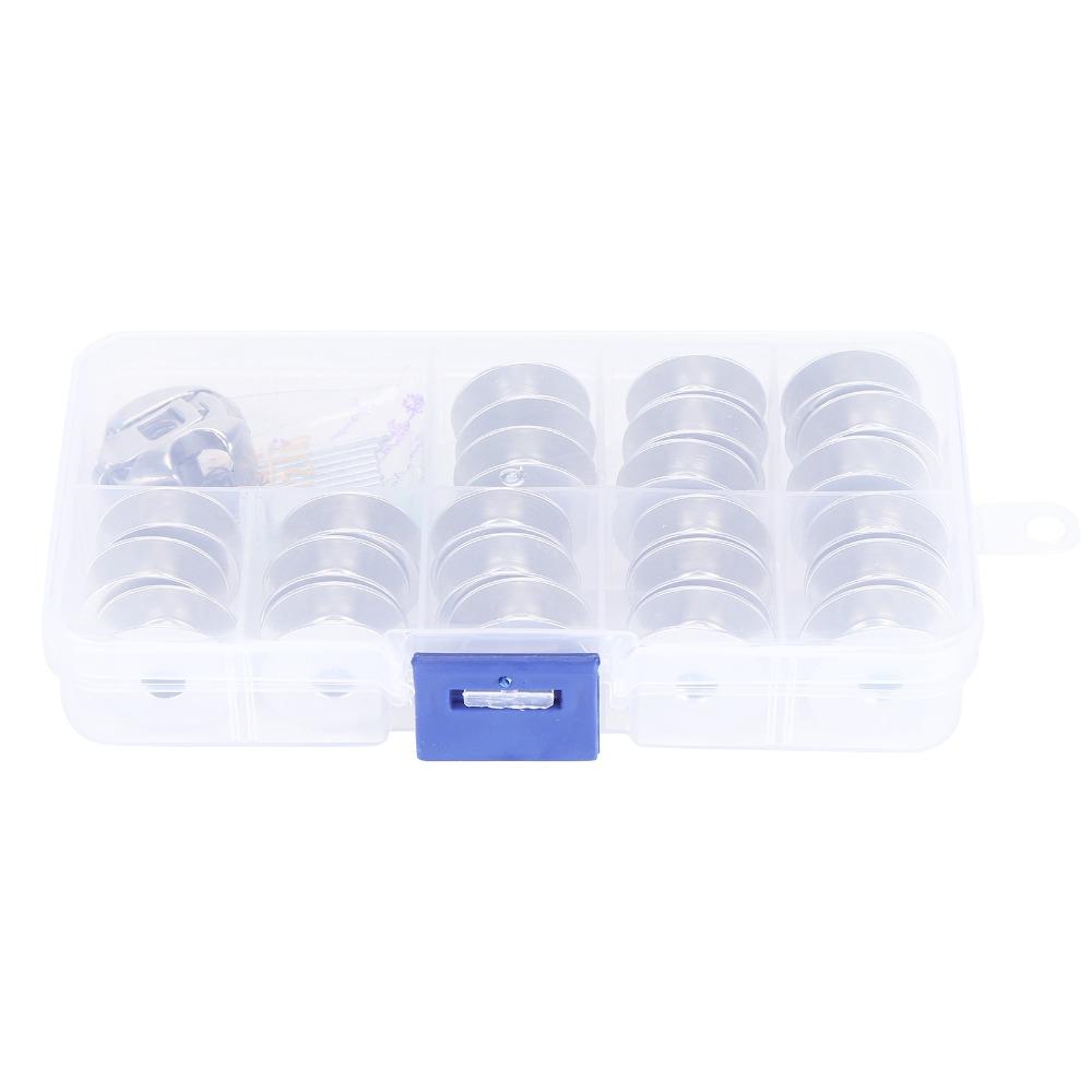 36pcs Metal Bobbins Sewing Machine Bobbin Set Aluminium Plastic Storage Box Sewing Machine Bobbin Silver