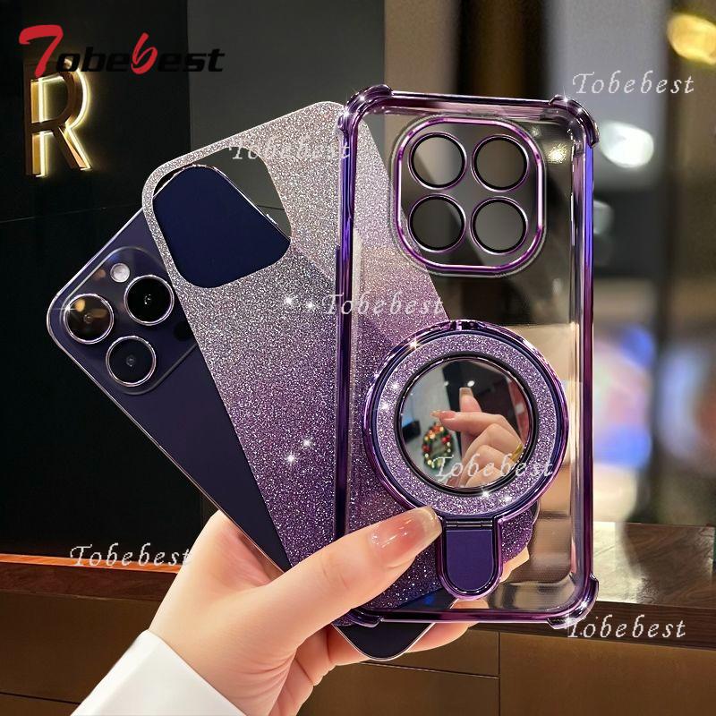 For Xiaomi Redmi Note 14 13 13R 12 11 10 9 9S 8 Pro Plus 4G 5G Case Glitter Plating Mirror Magnetic Phone Holder Bracelet Cover