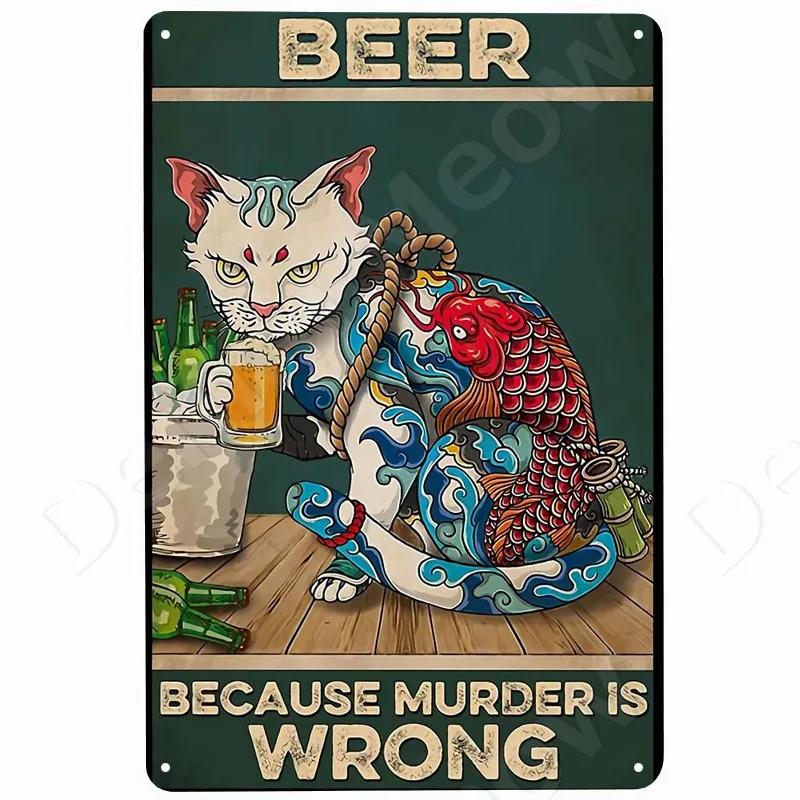 Cats and Wine Vintage Metal Sign Dog and Beer Wall Decoration for Bar Home Club Let Evening Be-Gin Tin Poster Funny Plate