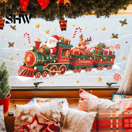 Christmas Window Clings Train Wall Sticker, Santa Claus Reindeer Decals, Self Adhesive Xmas Party Decor Murals, Removable PVC Art for Home Living Room