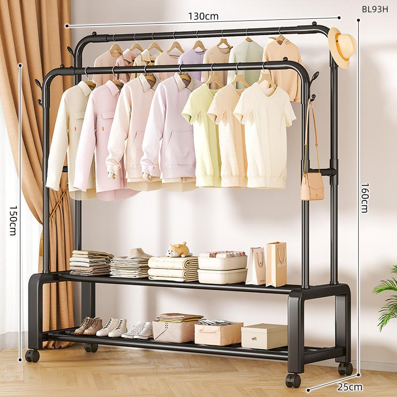 Plastic Floor-Standing Balcony and Bedroom Clothes & Hat Rack, with Folding Drying Pole and Storage.