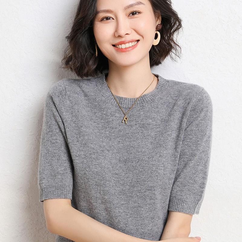 Spring and Autumn Women's T-shirt Knit Shirt Round Neck Simple Temperament Slim Top Solid Color Knitted Bottoming Thin