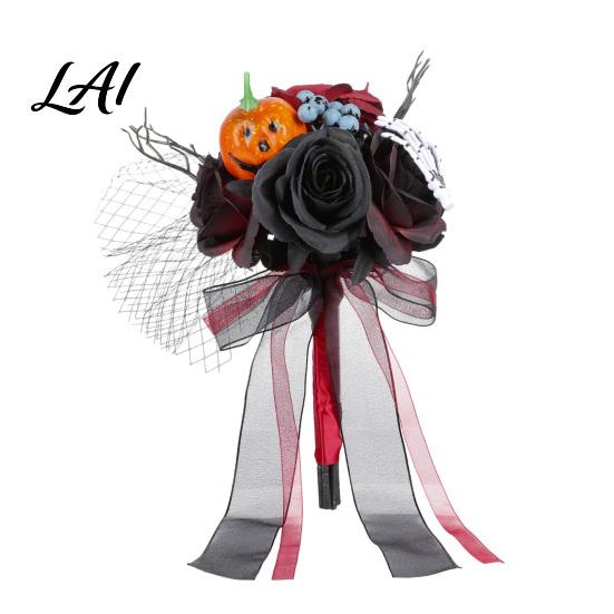 Punk Wedding Flowers Gothic Bride Bouquet Artificial Black Red Rose Flower Bouquet Metal Decoration with Skeleton Hand Pumpkin Skull for Bridal