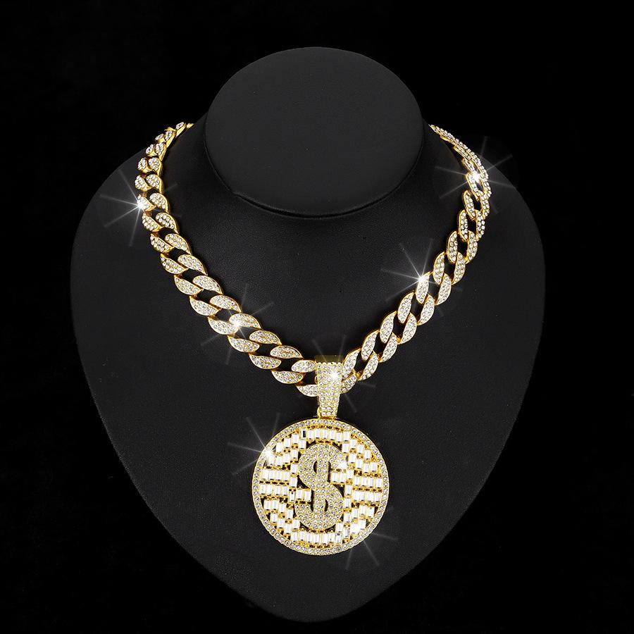 Pendant Necklace for Men Ice Out Hip Hop Jewelry Dollar Sign Gold Plated Cuban Link Hip - Hop Style Rhinestone-set 18inches золотой