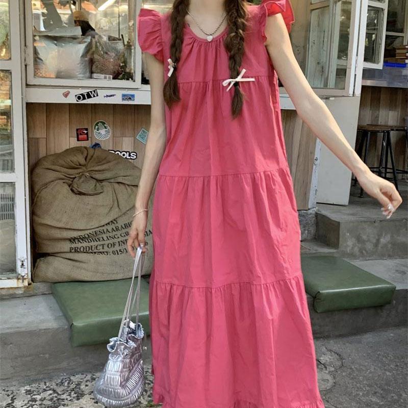 Sweet Flying Sleeve Dress for Women New Spring Fresh Loose Design Round Neck Long Skirt Chic