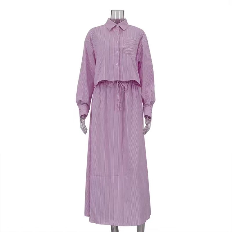 

Fashion Wind New Arrival Fashion Stripes Shirt Skirt Suit Striped Shirt and Skirt Set Pink S