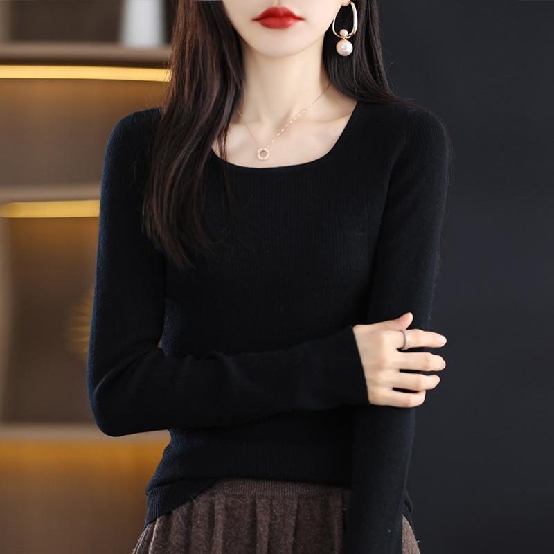2025 Slim Fit Women's Square Neck 100% Wool Sweater - Thin U-neck Base Layer Top