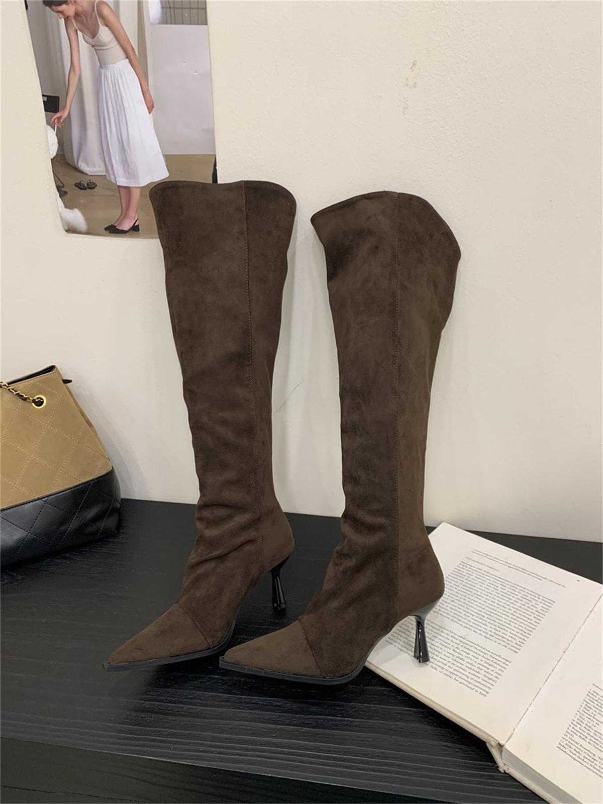 

Hate the sky high elastic boots pointed high heel boots suede thin thin heel zipper leg over knee boots 39 темно-коричневого кольору