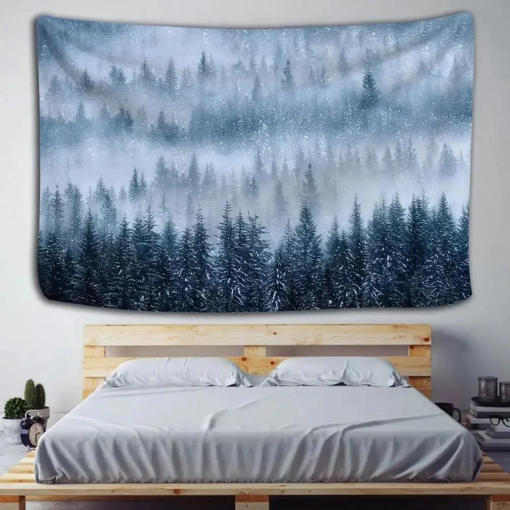 Nature Forest Mountain Tapestry Misty Pine Tree Tapestry Foggy Woodlands Landscape Tapestries Wall Hanging for Living Room Dorm