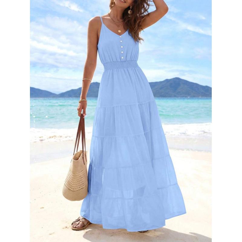 Europe, America 2026 Summer New Simple High Waist and Thin Casual Beach Vacation Suspender Dress