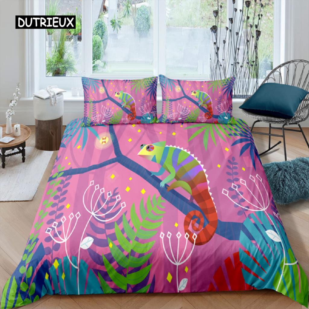 Chameleon Duvet Cover Set 3D Wild Animal Theme Twin Bedding Set Wildlife Comforter Cover Boys Green Leaf Polyester Quilt Cover