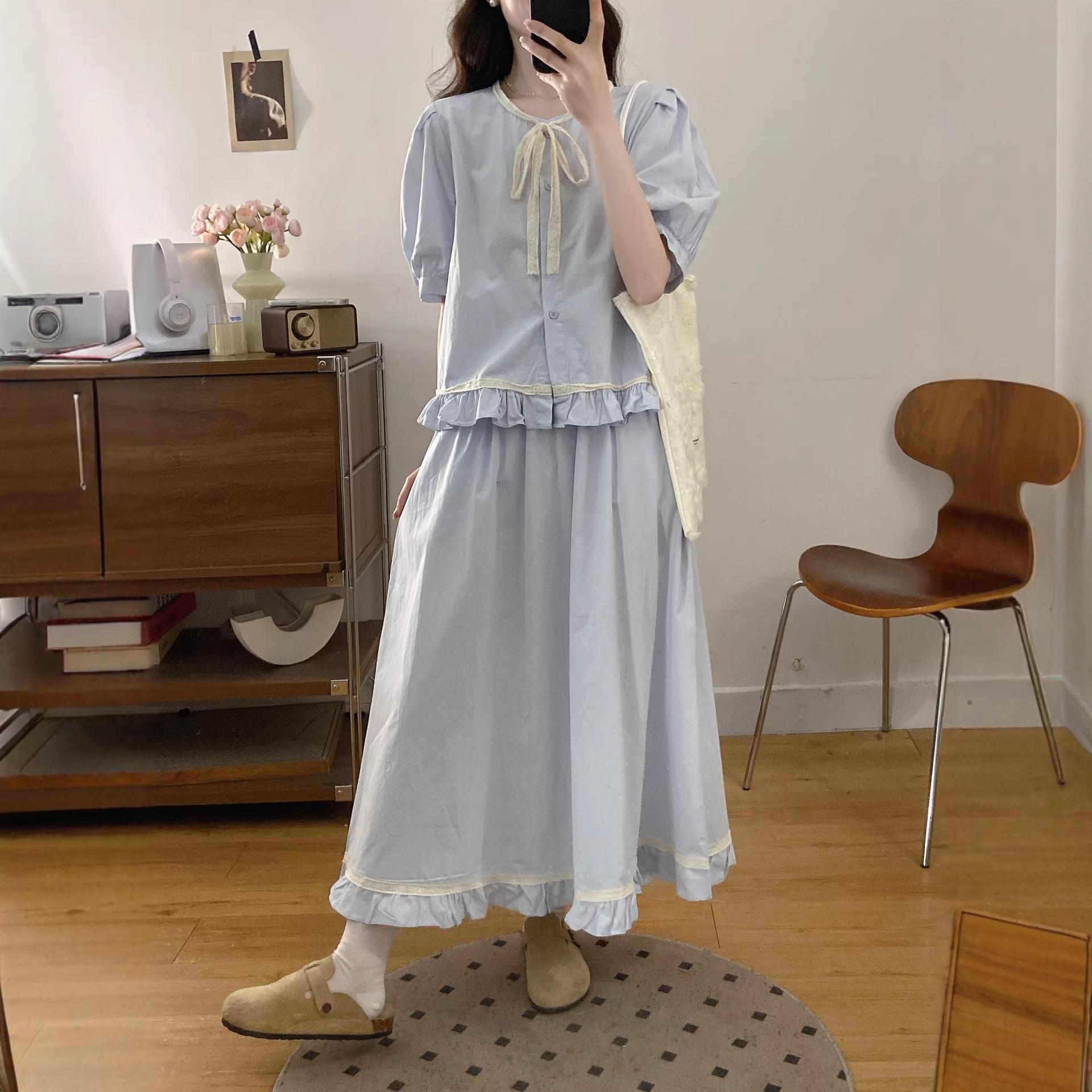 

2026 Chic Korean Style Blue Short-Sleeve Shirt and Skirt Set for Women 3XL
