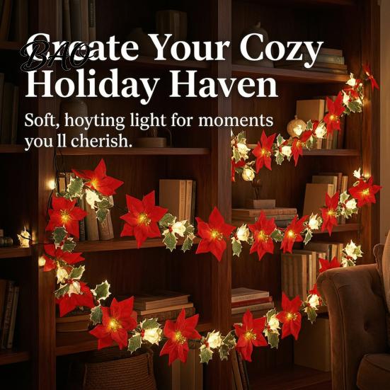 USB Operated Festive Lamps Christmas Poinsettia String Lights, 200/300cm Red Green Floral Garland, Battery/USB Bedroom Ambient Atmosphere Indoor