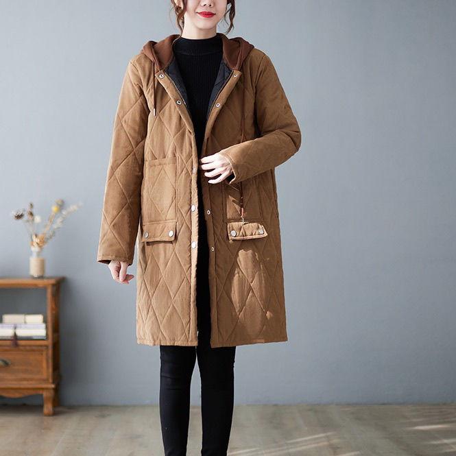 Veste matelassée en coton pour femme en hiver, ample, grande taille, décontractée, mi-longue, à capuche, matelassée, veste matelassée en coton chaude