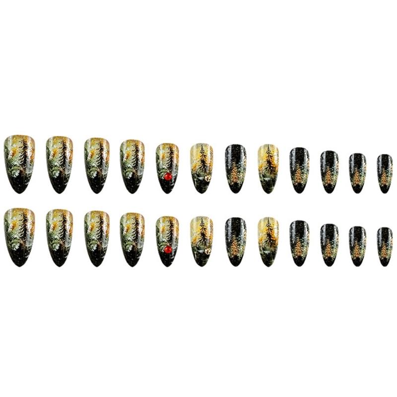 Press-på-nagel Kort mandel Formad lösnagel Fransk heltäckande Akryl Lösnagel Blommönster Lösnagel för Kvinnor och Flickor