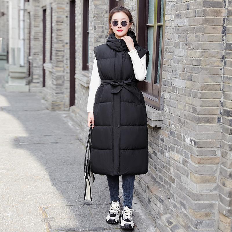 

New cotton vest long versatile vest hooded thin belt fashionable loose women s coat M