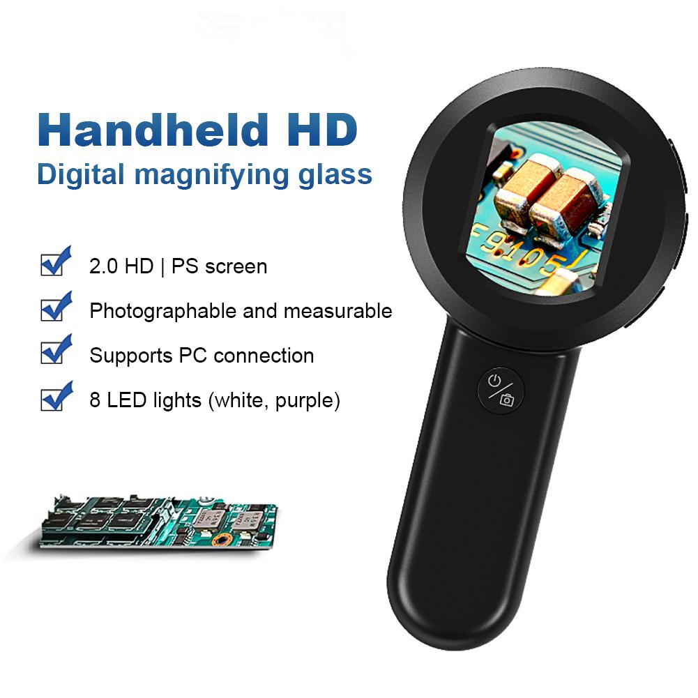 2‘’ Digital Microscope 100X Zoom Magnifying Glass with 8 LED Light Rechargeable Illuminated Magnifying Glass for Seniors Reading