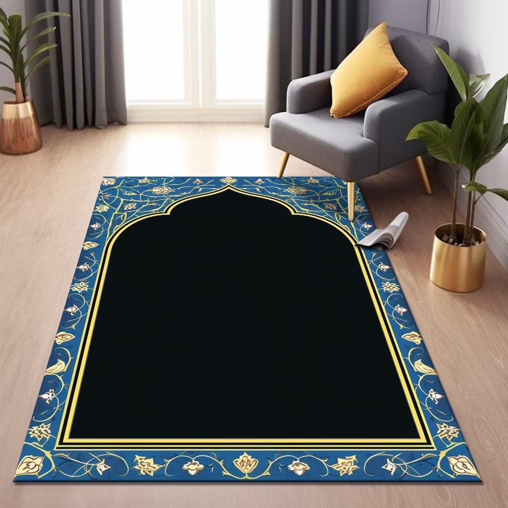 Islam Living Room Carpet Blue Luxury Decoration Home Rugs for Bedroom Soft Fluffy Flannel Carpet Anti-slip Large Area Pray Mat
