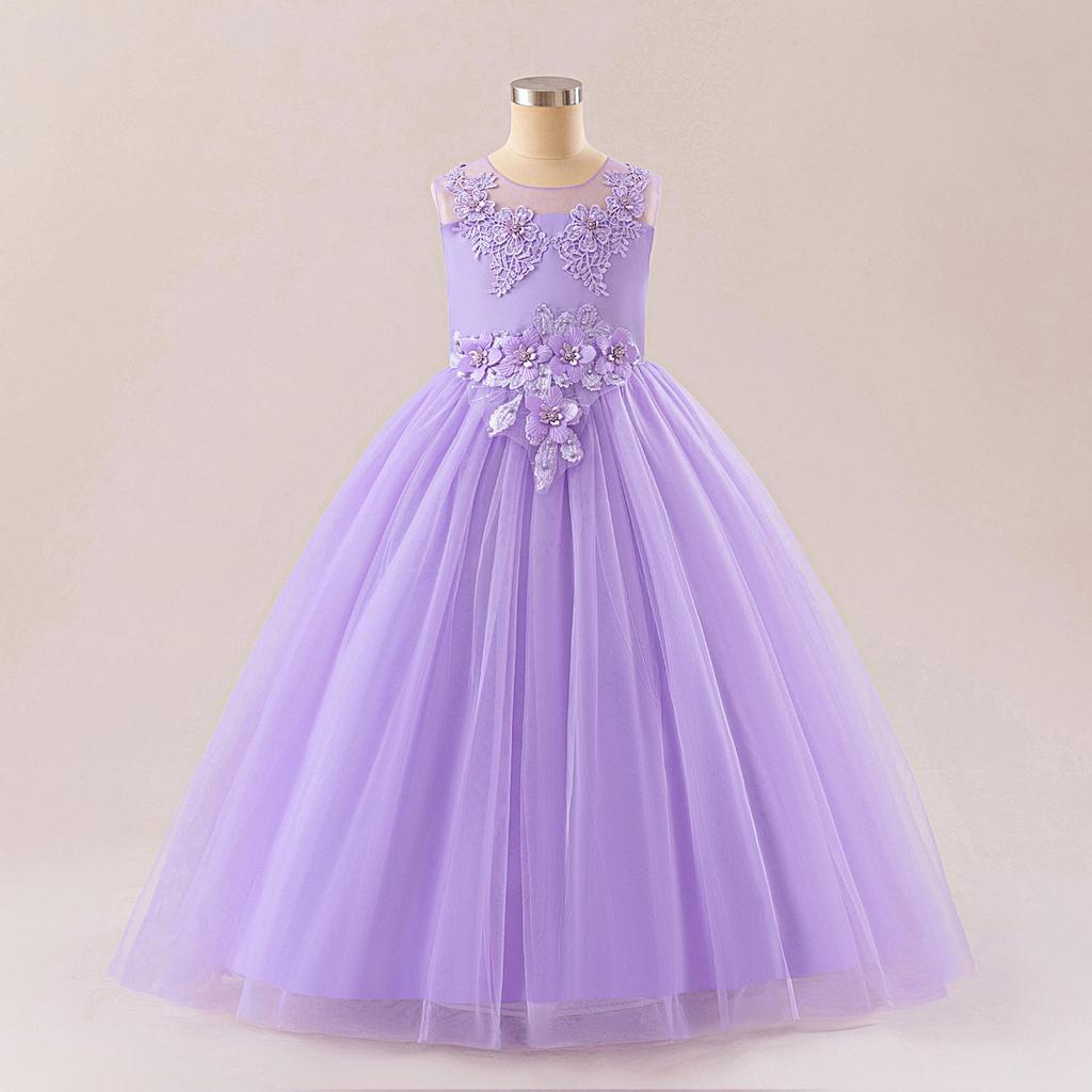 Girls' Sleeveless Mesh Princess Dress with Embroidery & Appliques - Formal Performance Wear