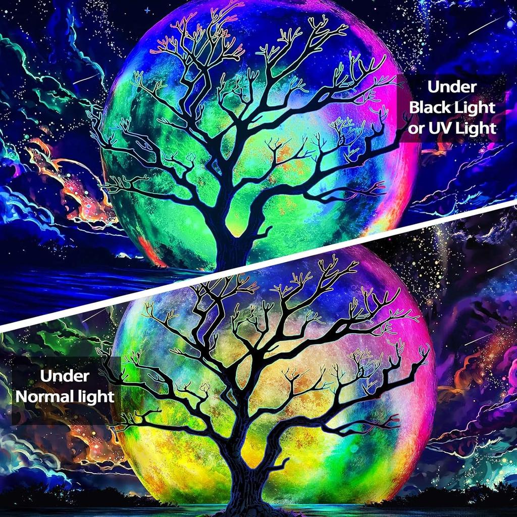 Faxdong Blacklight Moon Tapestry, UV Reactive Tree Lake Colorful Starry Night Galaxy Space Clouds Wall Tapestry for Bedroom Decor 36×48 Inch