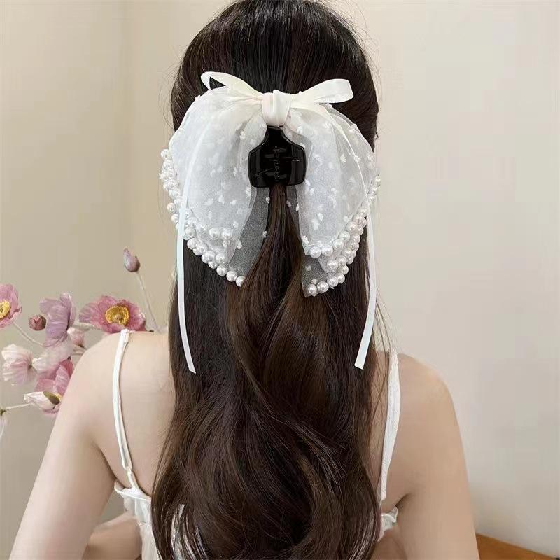 "High-Grade Bow Princess Shark Clip - 2024 Celebrity Cloud Mesh Headdress"