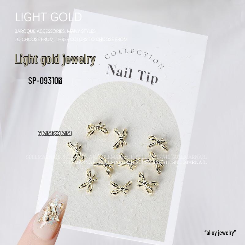 Golden Butterfly 3D Nail Art Set - 10 Pieces of Light Gold Ribbon Bow Decorations
