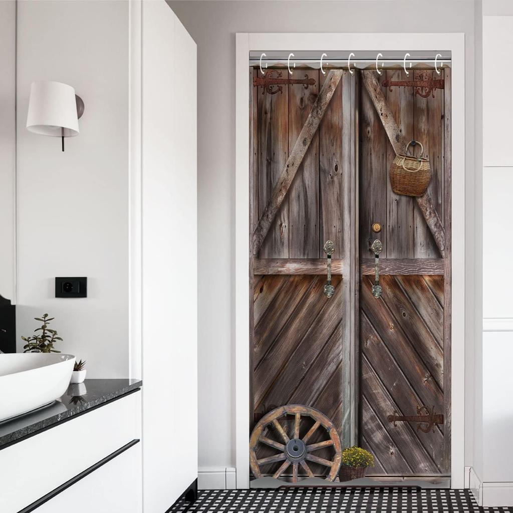 Farmhouse Barn Door Shower Curtain - Rustic Wood Plank Design 71x71 Inch, Waterproof Country Bathroom Decor with Hooks