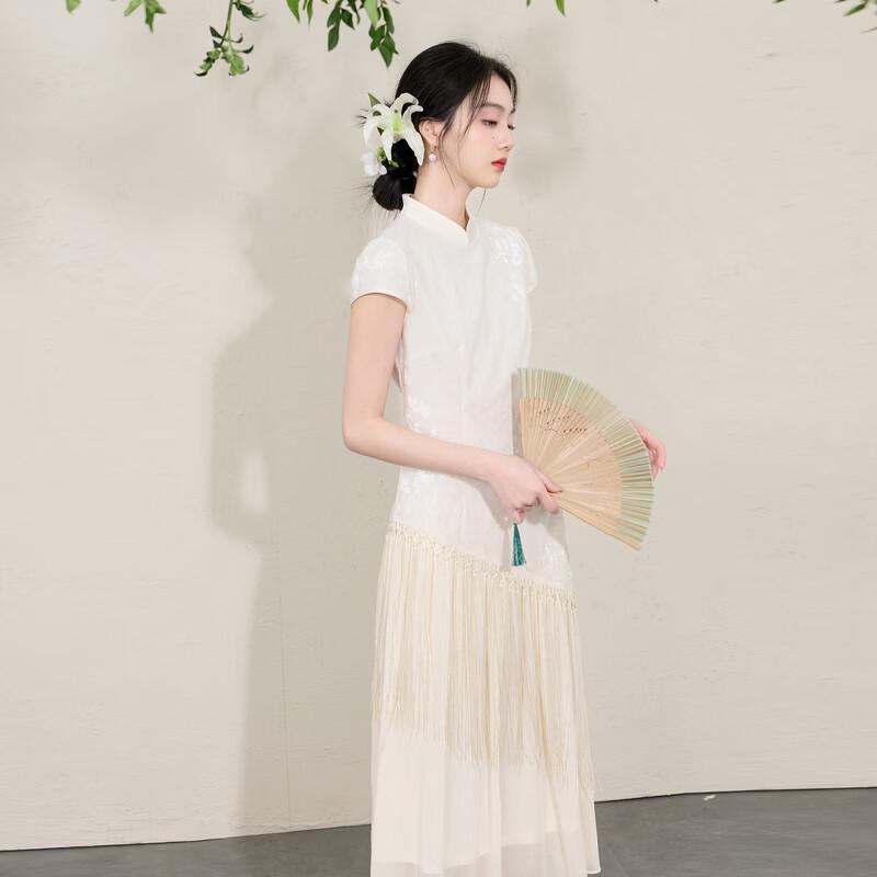 Sancai New Chinese Style Tasseled Burnout A-Line Long Dress