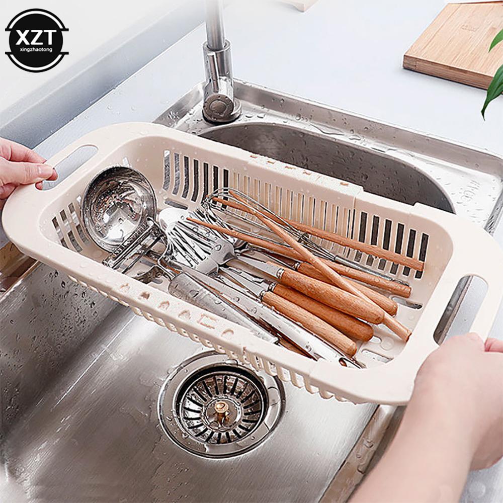 Expandable Kitchen Sink Strainer Drain Vegetable Fruit Drainer Basket Space Saving Washing Shelf Strain Rack Kitchen Organizer
