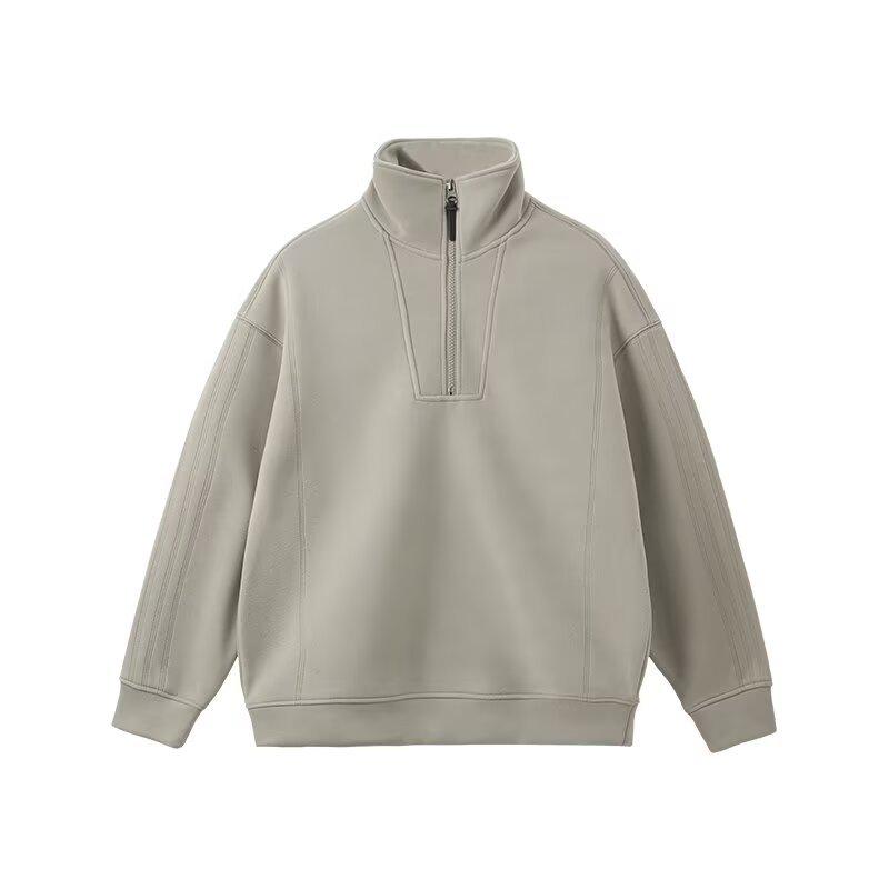 Hong Kong Style Solid Color Fleece Half-Zip Polo Shirt - Men's Retro Loose Casual Hoodie
