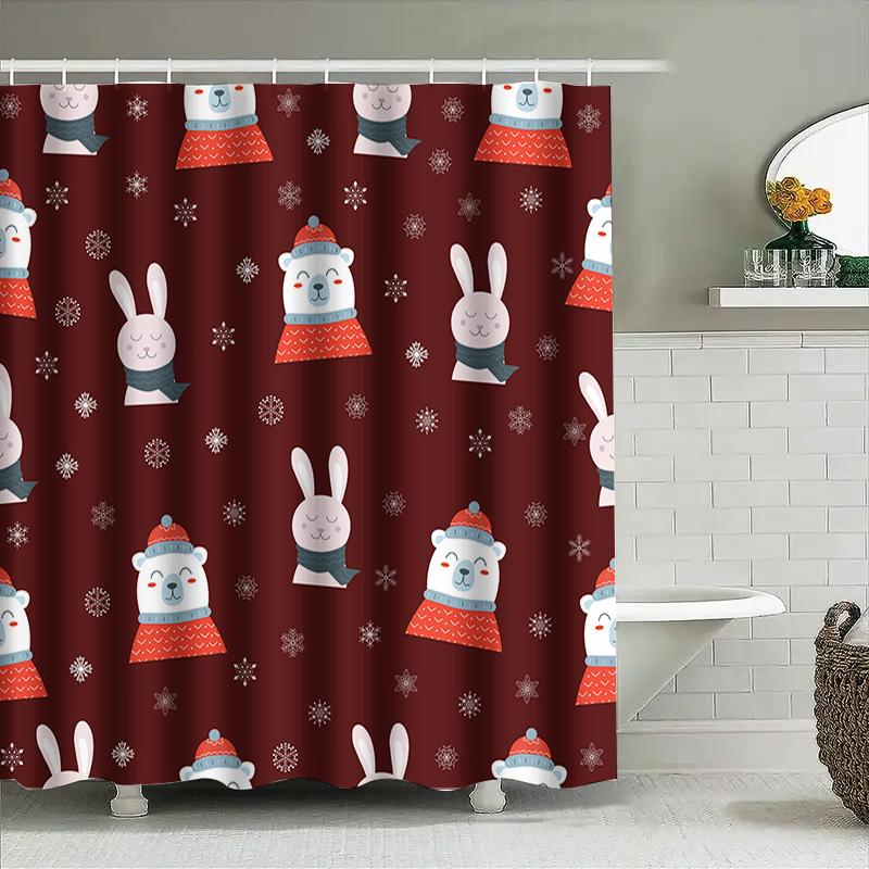 Bathroom Decoration Christmas Shower Curtain with Winter Wonderland Theme Featuring Red Teddy Bears and Snowflakes for Bathroom
