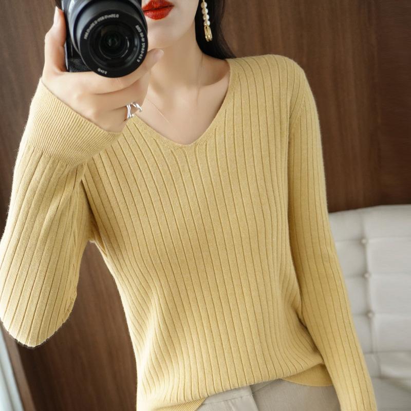 Herbst/Winter V-Ausschnitt Pullover Damen Gestreift Einfarbig Basis Pullover Koreanischer Slim Hoodie Innen Set Damen Warm Lässig Strickpullover