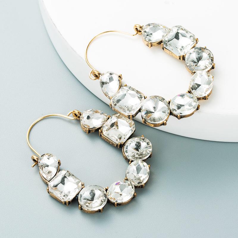 Women Hoop Earrings Exaggerate Geometric Alloy Inlaid Color Rhinestone Temperament Super Flash Full Crystal Small Earrings