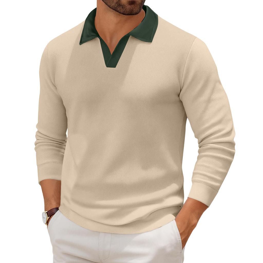 Men's Casual Color-Block Collared Long-Sleeve Knit Base Layer Top