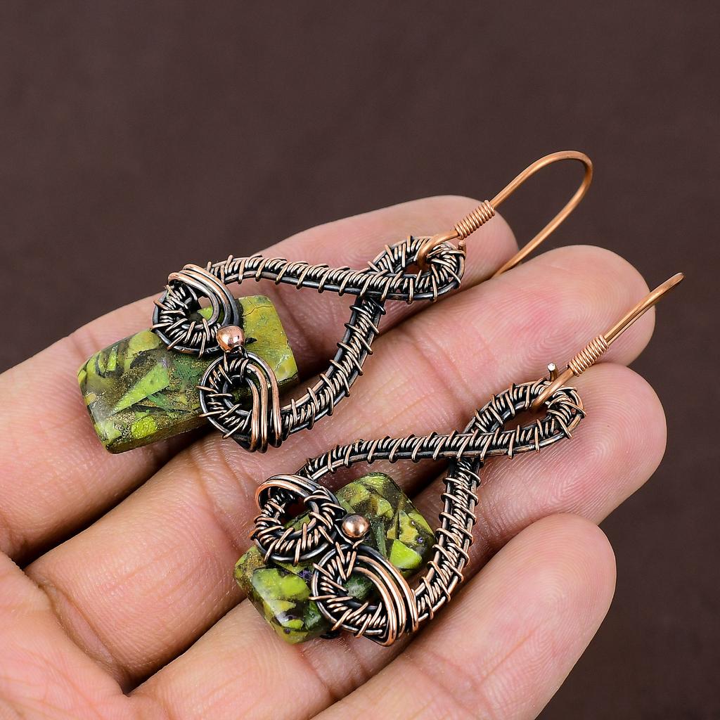 Natural Copper Green Turquoise Stone Handmade Copper Wire Wrap Earring 2.6 q0a42