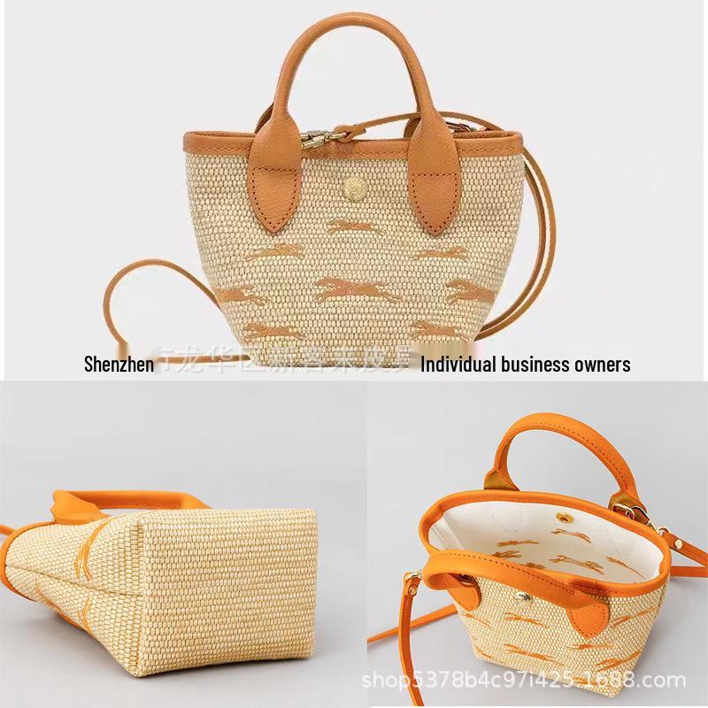 Drachen-Einlegearbeit Strohgewebte Damen French Beach Bucket Bag - Vielseitige Rindsleder Schulter- & Crossbody-Tasche