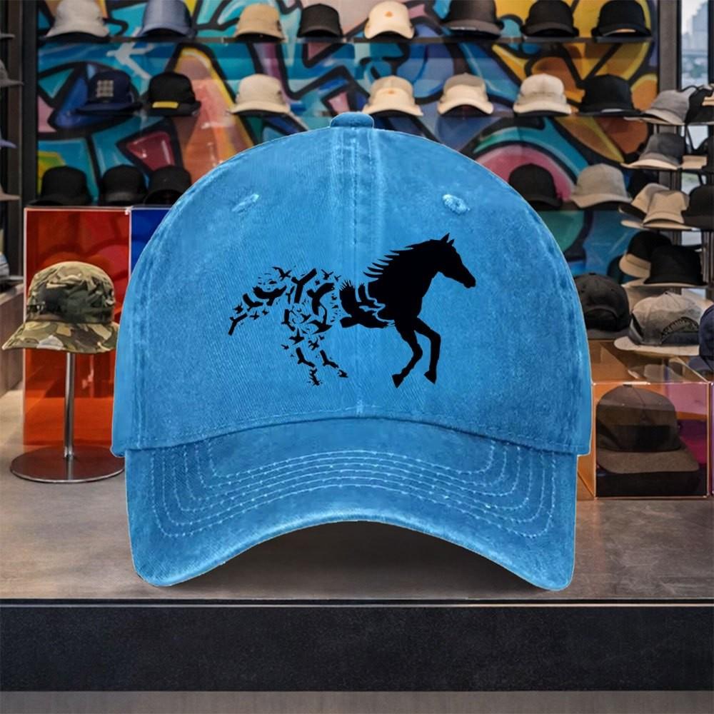 Flying Bird Horse Graphic Washed Cotton Baseball Cap Adjustable Vintage Casual Unisex Outdoor Hat