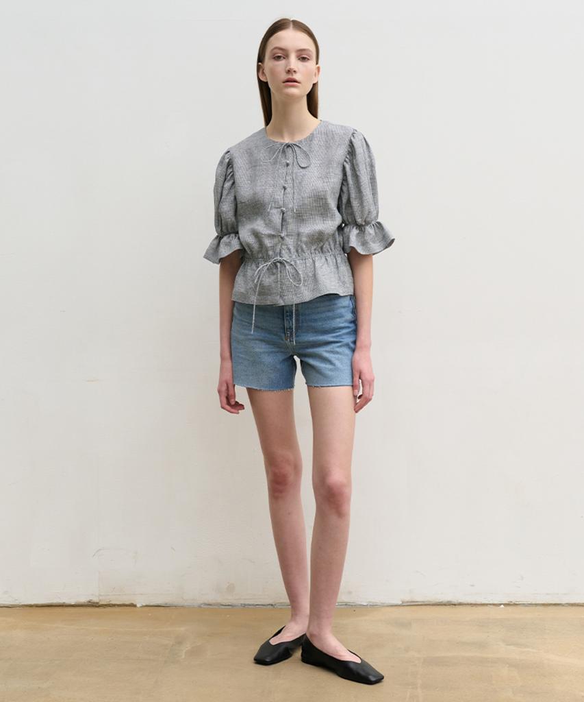 Hiloin Linen Blend Shirred Waist Blouse (Gray)