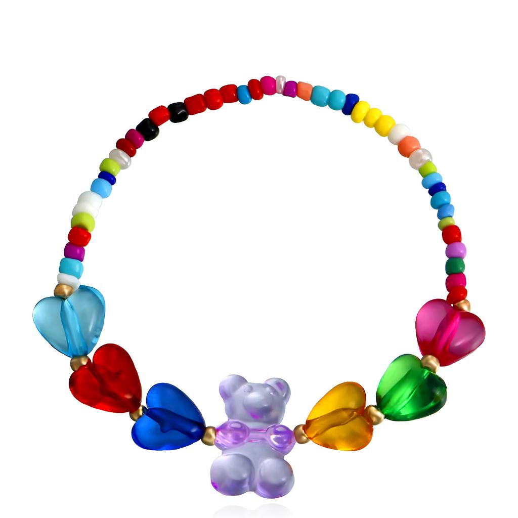 Accessories, Bohemian Mixed Color Rice Beads Colorful Love Bear Necklace Bracelet Set Cartoon Girl